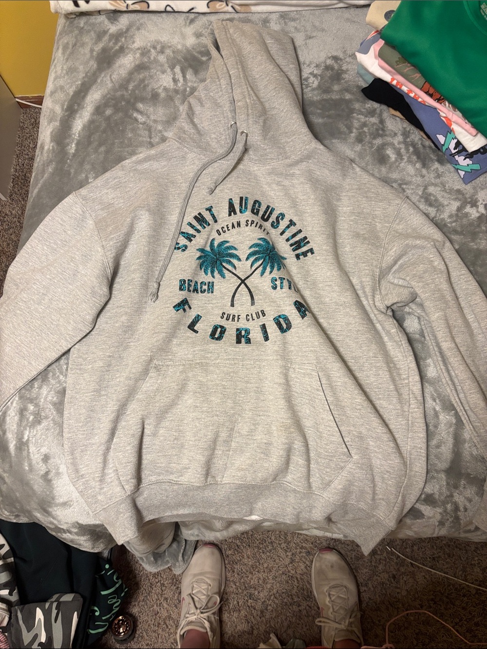 Saint Augustine Florida Palm Graphic Hoodie - Light Gray with Teal Print